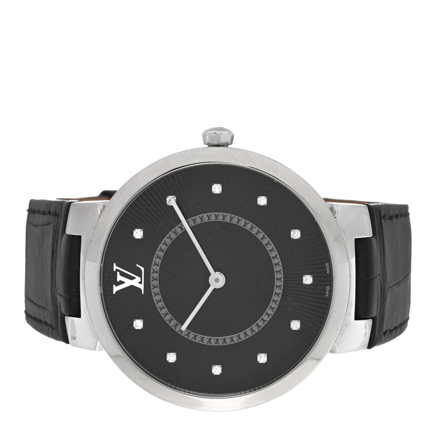 Louis Vuitton Stainless Steel Alligator Diamond 39mm Tambour Slim Quartz Watch Black 2 of 4