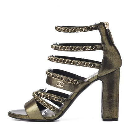 Chanel Metallic Fabric Gladiator Chain Sandals 39.5 Black Gold 1 of 8
