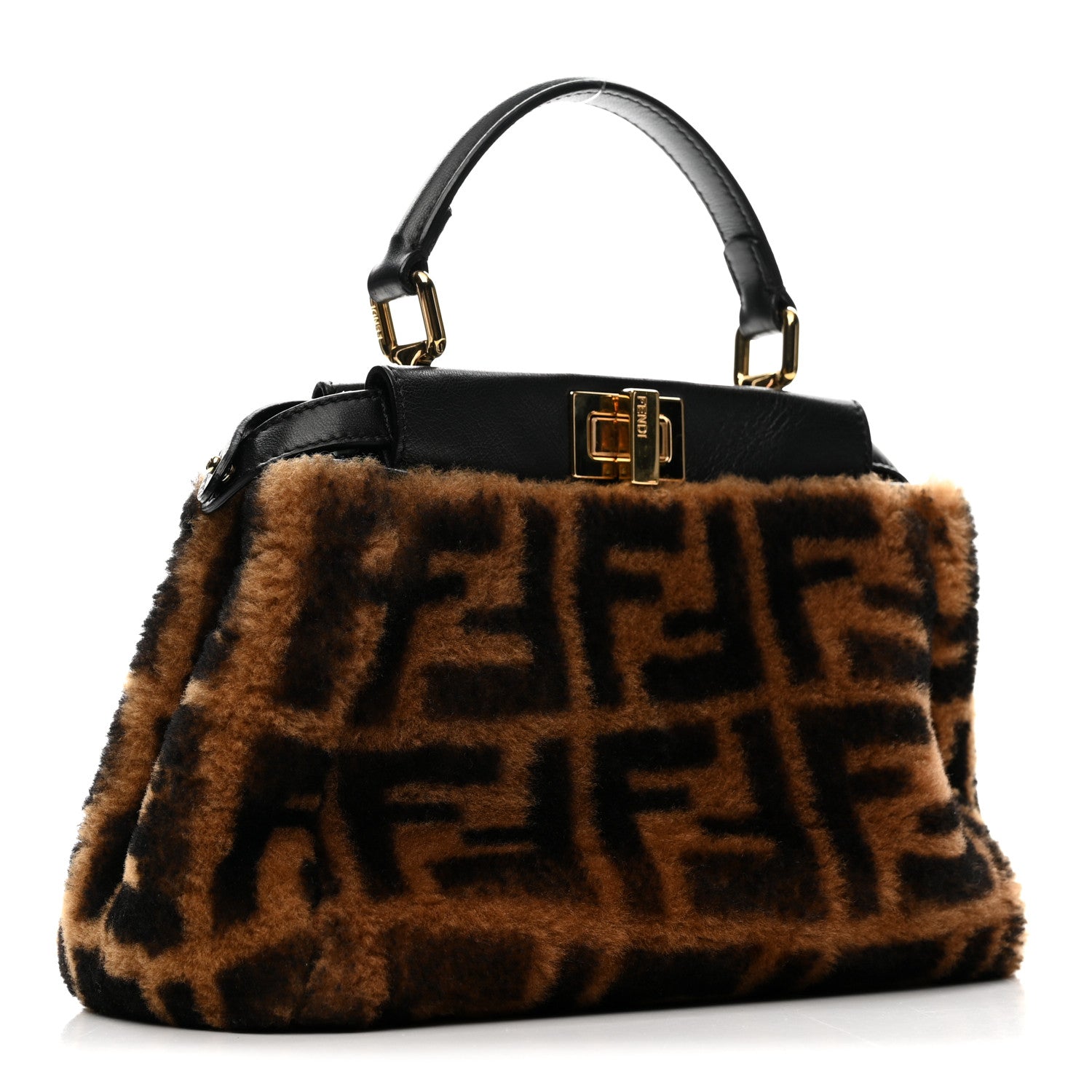Fendi Shearling Nappa Macro FF 1974 Mini Peekaboo Iconic Satchel Tobacco Black 3 of 14
