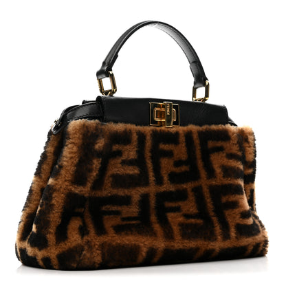 Fendi Shearling Nappa Macro FF 1974 Mini Peekaboo Iconic Satchel Tobacco Black 3 of 14