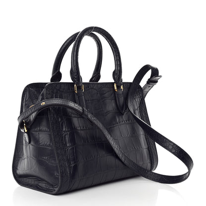Alexander McQueen Calfskin Crocodile Embossed Small Skull Padlock Zip Around Tote Navy Blue 2 of 11