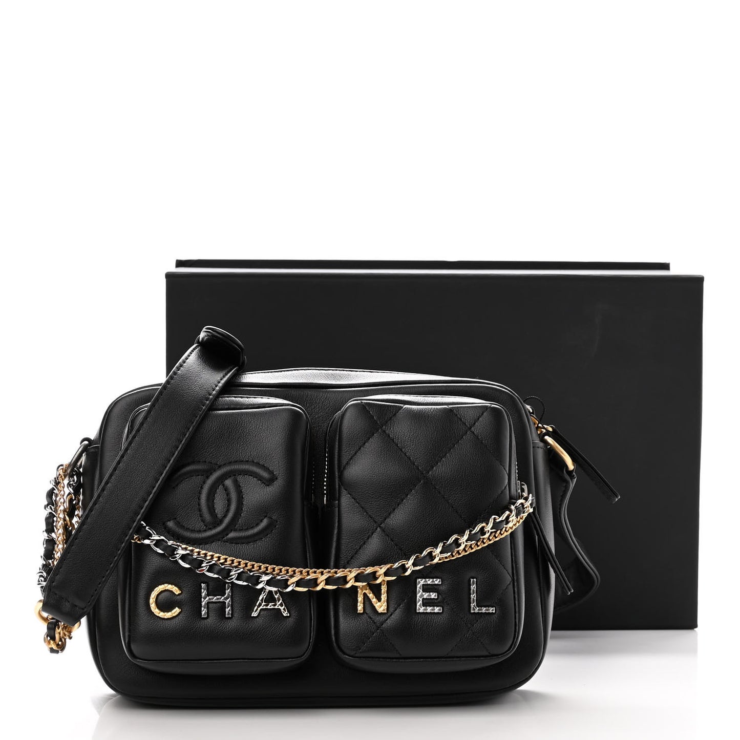 Calfskin Quilted Small Camera Case Black