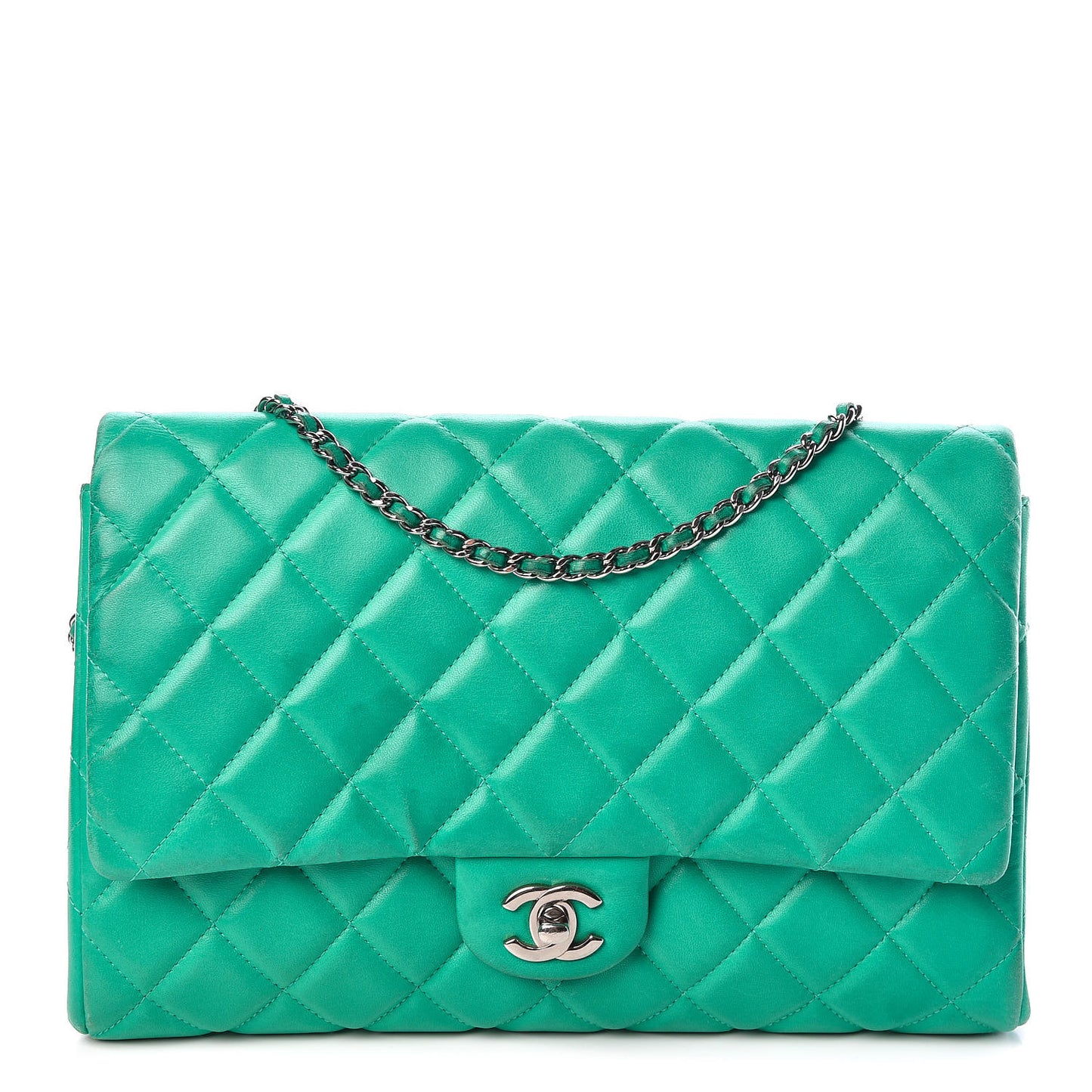 Lambskin Quilted Clutch With Chain Flap Green