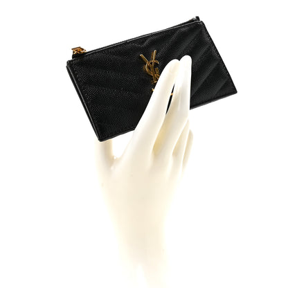 Saint Laurent Grain De Poudre Matelasse Chevron Monogram Fragments Zippered Card Case Black 2 of 8