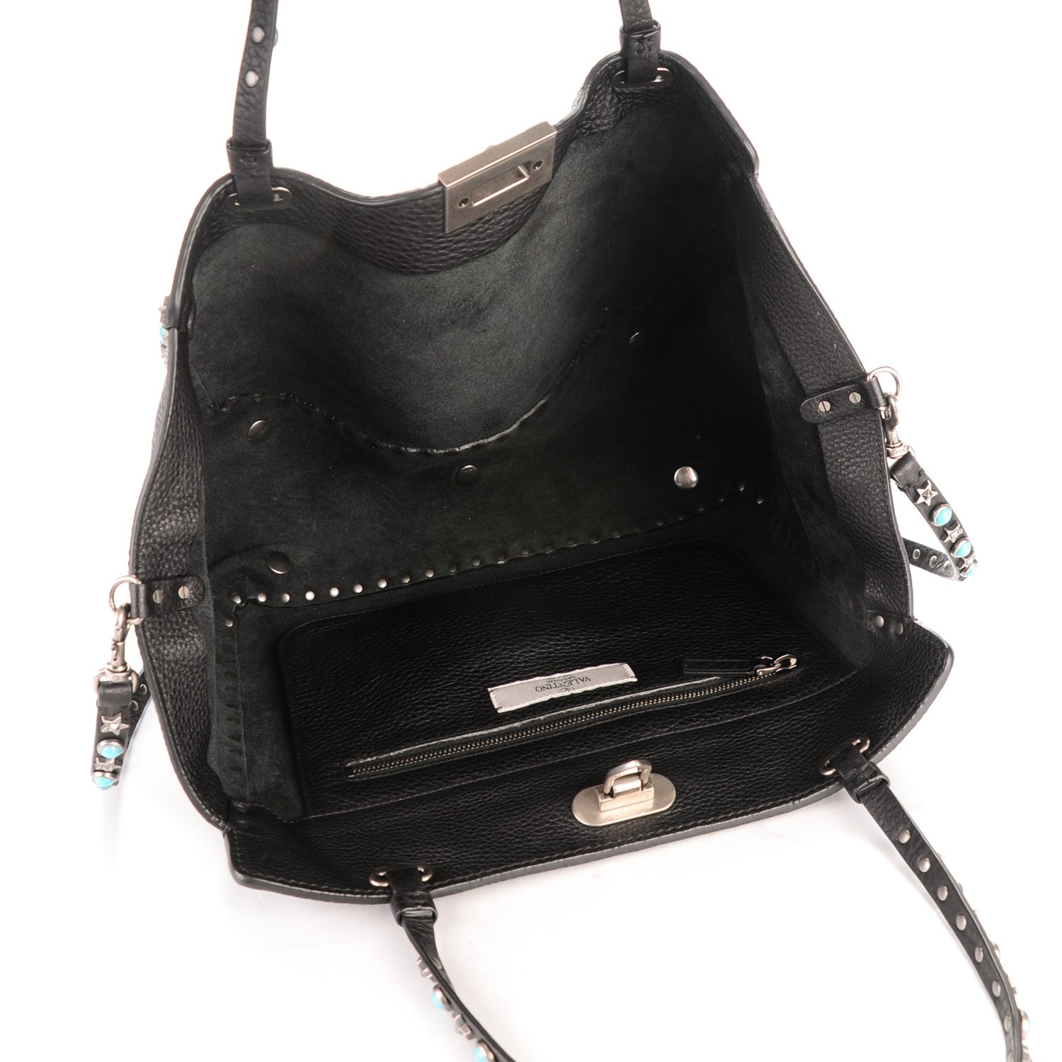 Valentino Garavani Grained Calfskin Turquoise Star Studded Medium Rockstud Rolling Tote Black 5 of 8