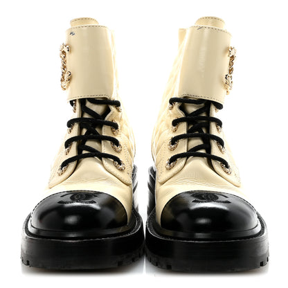 Chanel Shiny Goatskin Calfskin Quilted Lace Up Combat Boots 36 Ivory Black 6 of 18