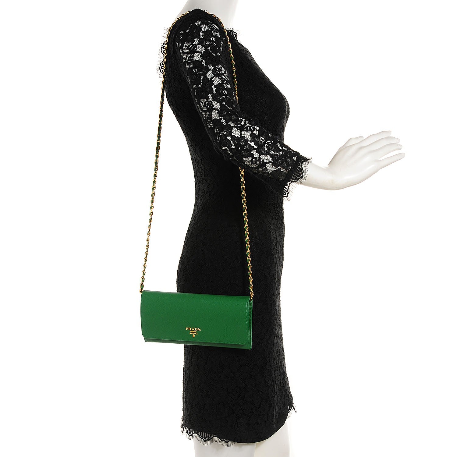 Prada Saffiano Metal Oro Chain Wallet Verde 2 of 10