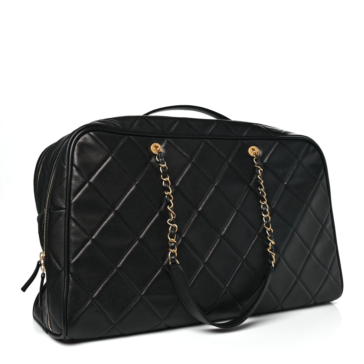 Shiny Grained Calfskin Quilted Large Travel Bowling Bag Black