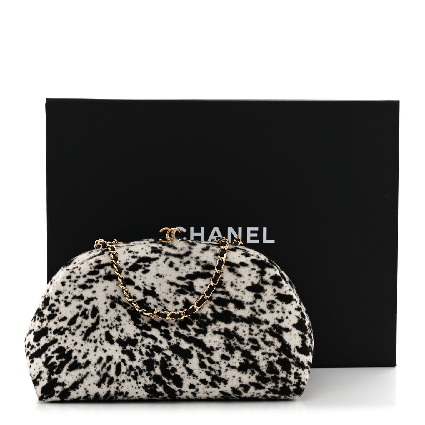 Pony Hair Printed Clutch With Chain Black White