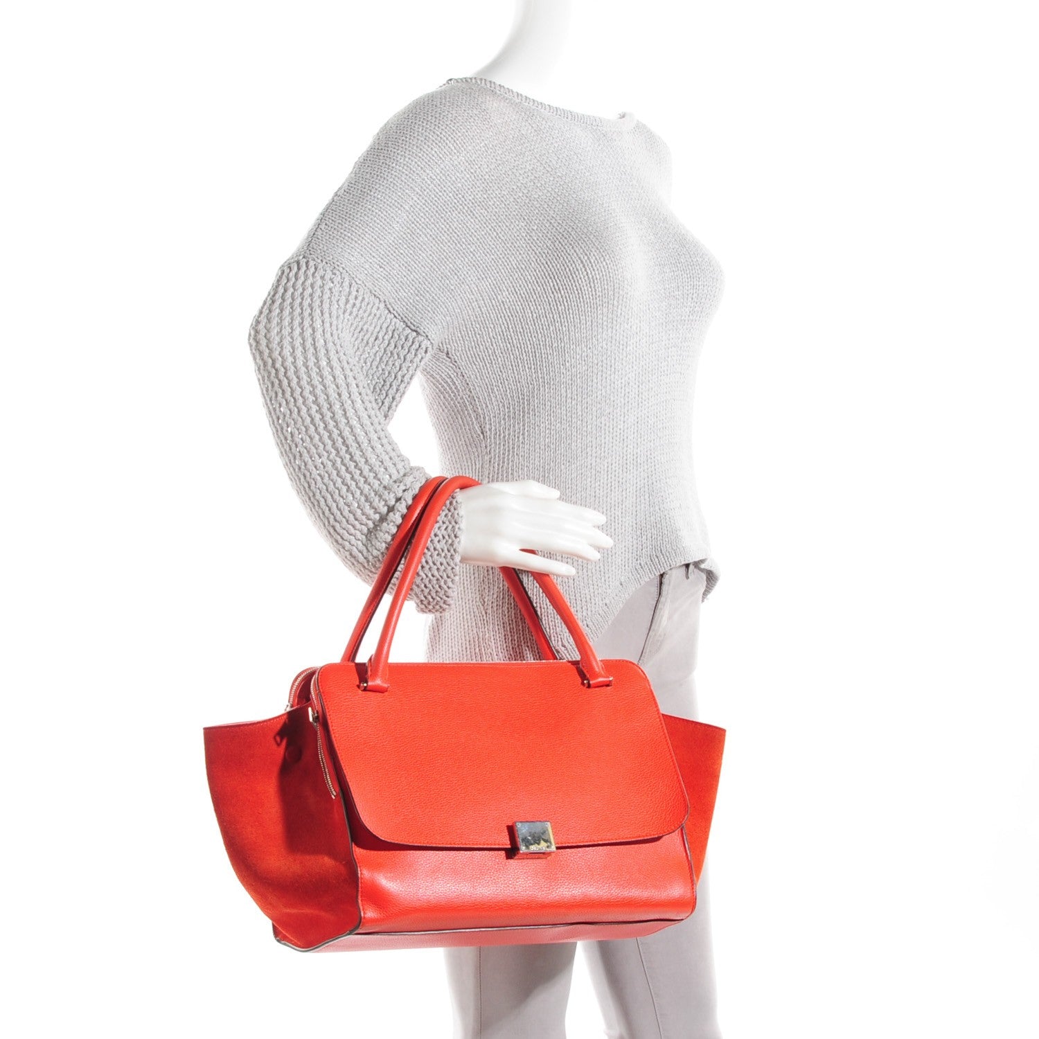 Celine Drummed Calfskin Suede Double Zip Trapeze Vermillion 5 of 19