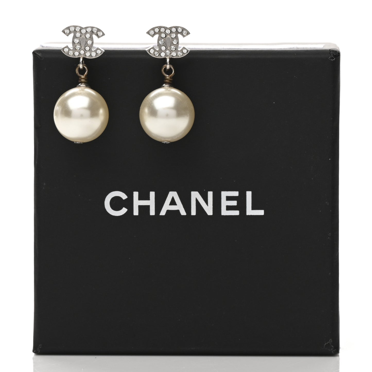 Crystal Pearl CC Drop Earrings Silver Pearly White