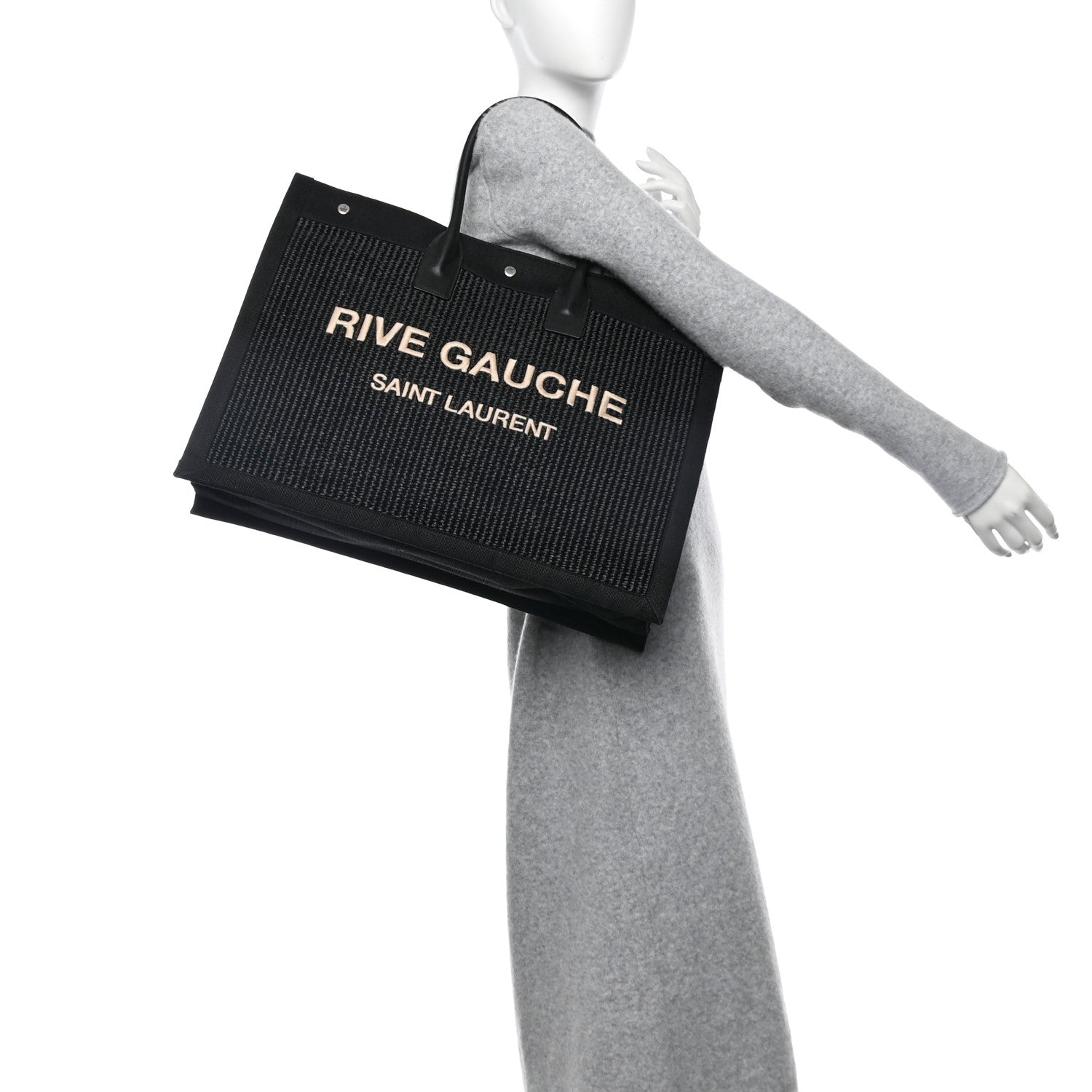 Saint Laurent Raffia Linen Calfskin Rive Gauche Tote Black 2 of 10
