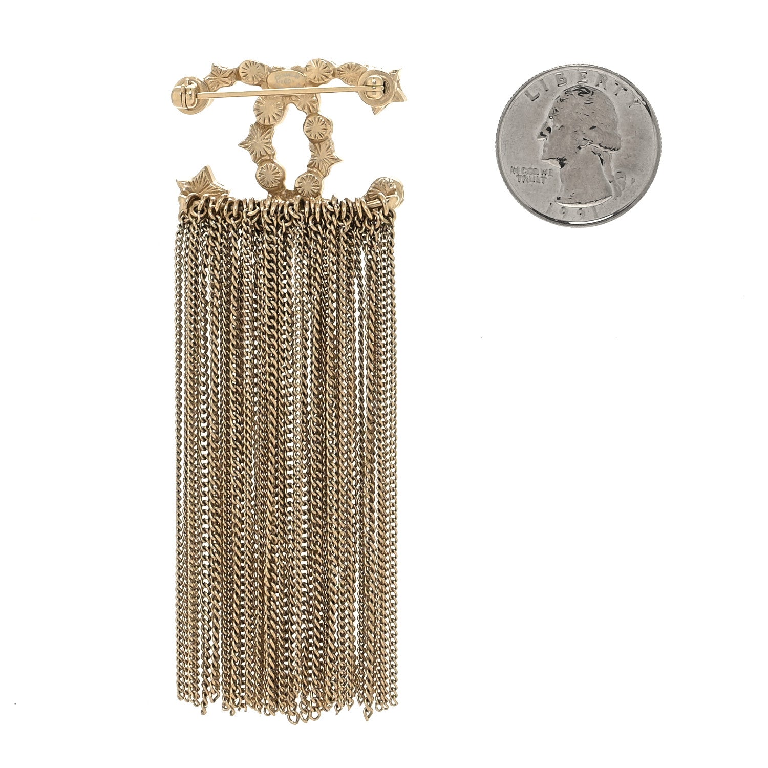 Chanel Metal Pearl Chain Fringe CC Brooch Gold 2 of 3