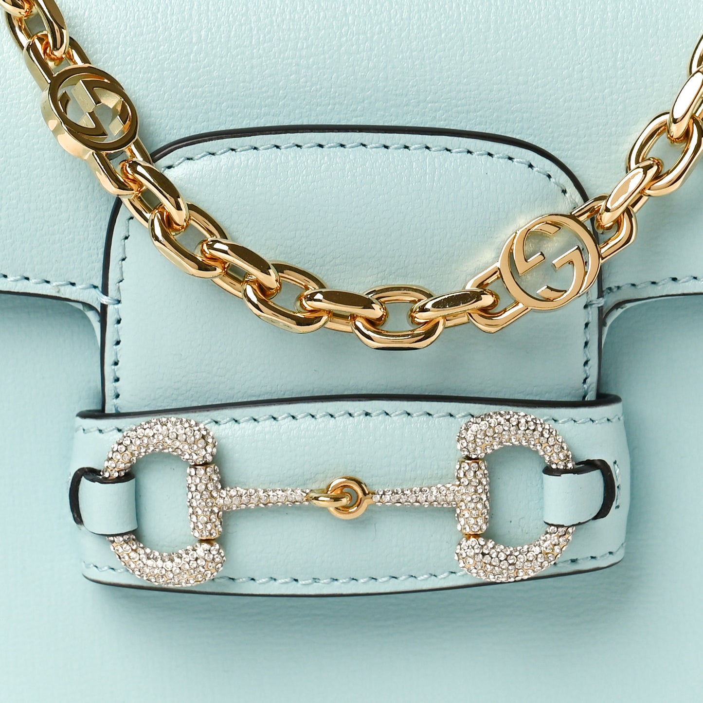 Azalea Calfskin Crystal GG Monogram Mini Horsebit 1955 Shoulder Bag Light Blue