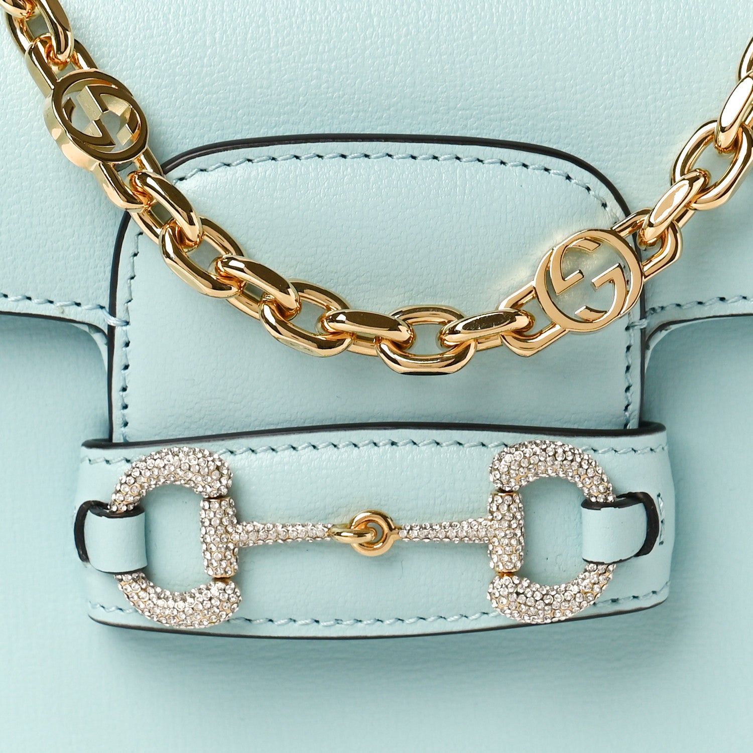 Gucci Azalea Calfskin Crystal GG Monogram Mini Horsebit 1955 Shoulder Bag Light Blue 8 of 11