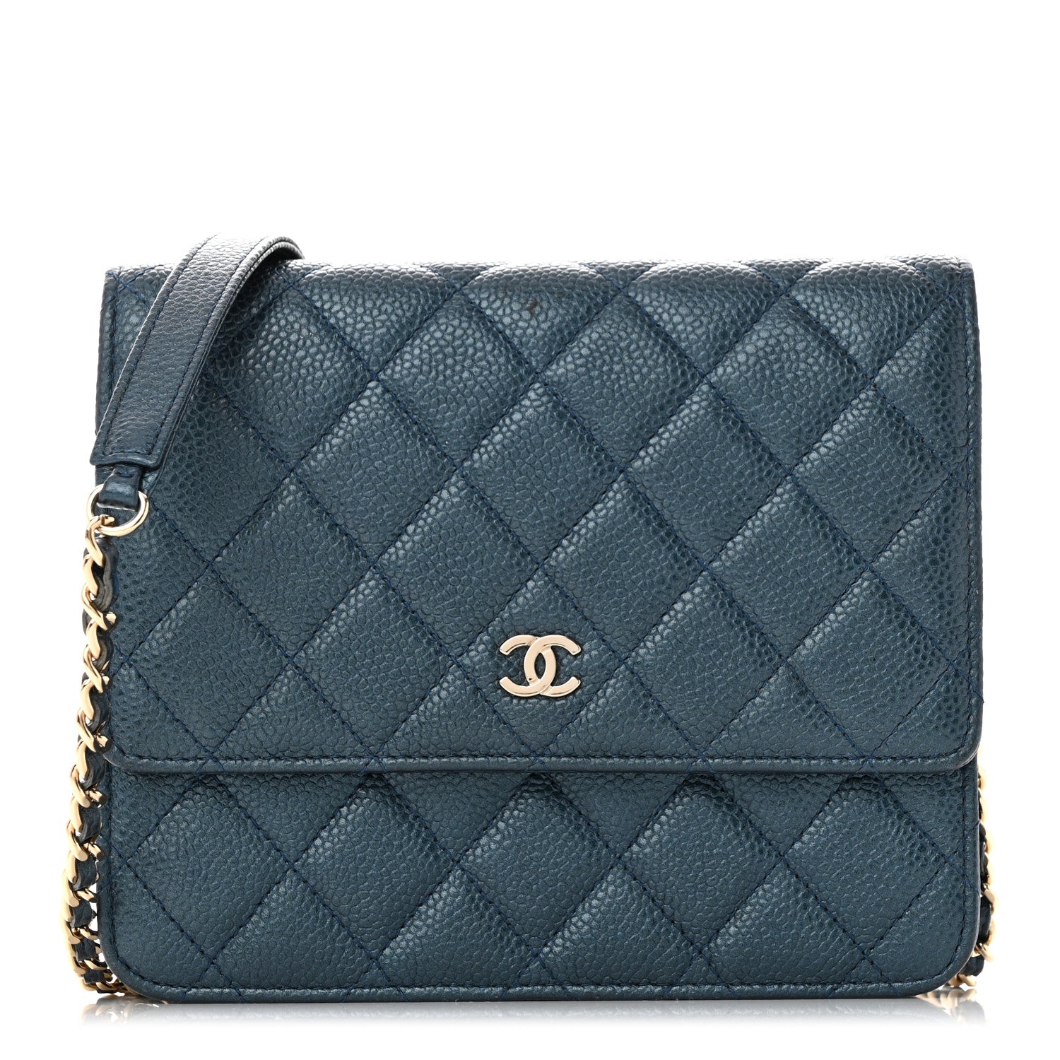 Chanel Metallic Caviar Quilted Square Wallet On Chain WOC Dark Blue 1 of 14