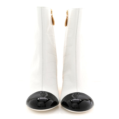 Chanel Calfskin Crocodile Embossed Patent Cap Toe Metiers D'Art Ankle Boots 36 White Black 3 of 12