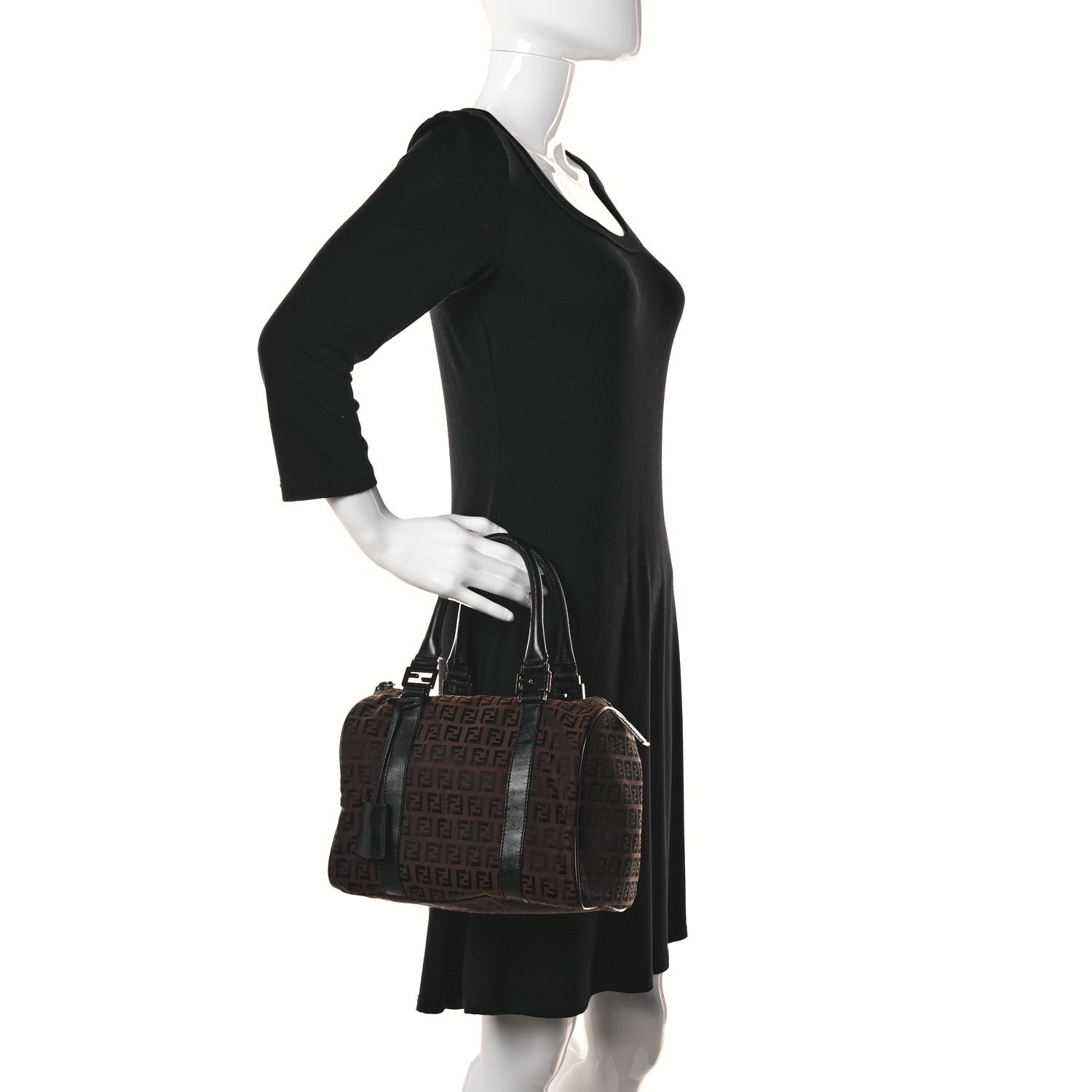 Fendi Zucchino Canvas Small Forever Boston Brown Black 2 of 12