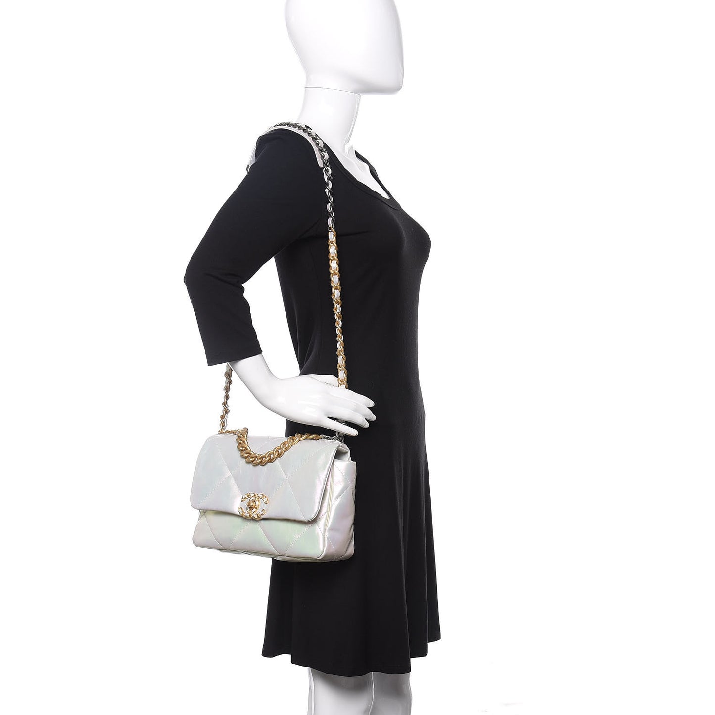 Iridescent Calfskin Quilted Medium 19 Flap White
