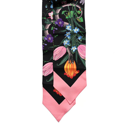 Gucci Silk Twill Flora Snake Neck Bow Scarf Black Pink 2 of 6
