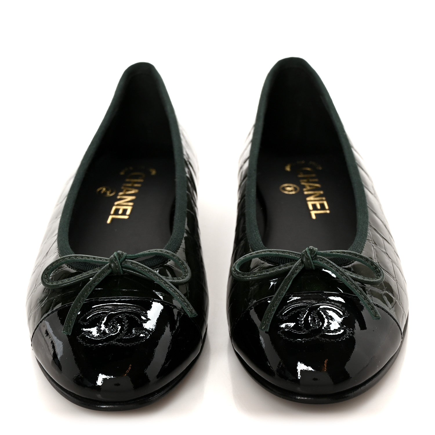 Chanel Patent Calfskin Crocodile Embossed Ballerina Flats 36.5 Dark Green Black 3 of 10