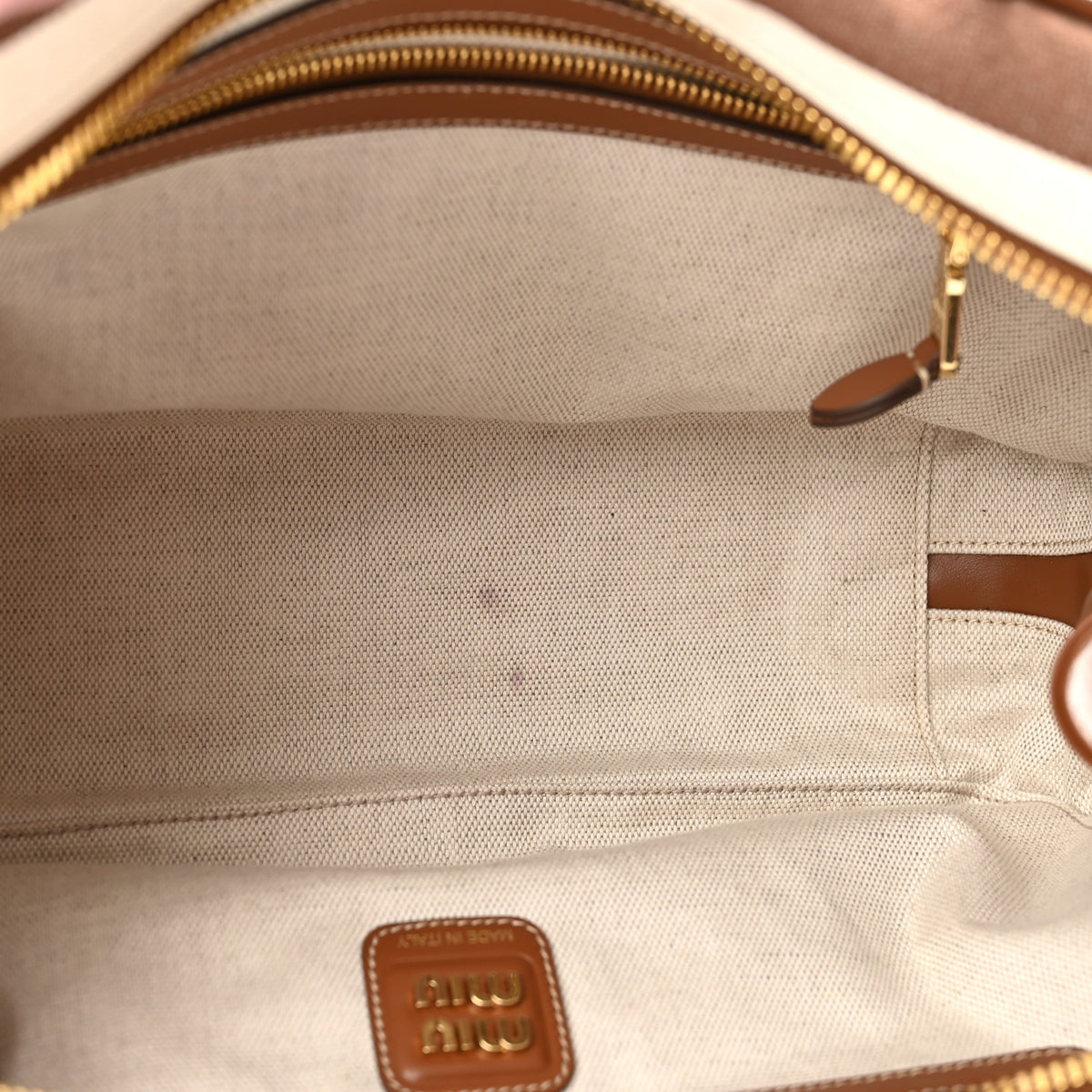 Miu Miu Canvas Calfskin Striped Large Beau Top Handle Bag Cacao Naturale 5 of 9