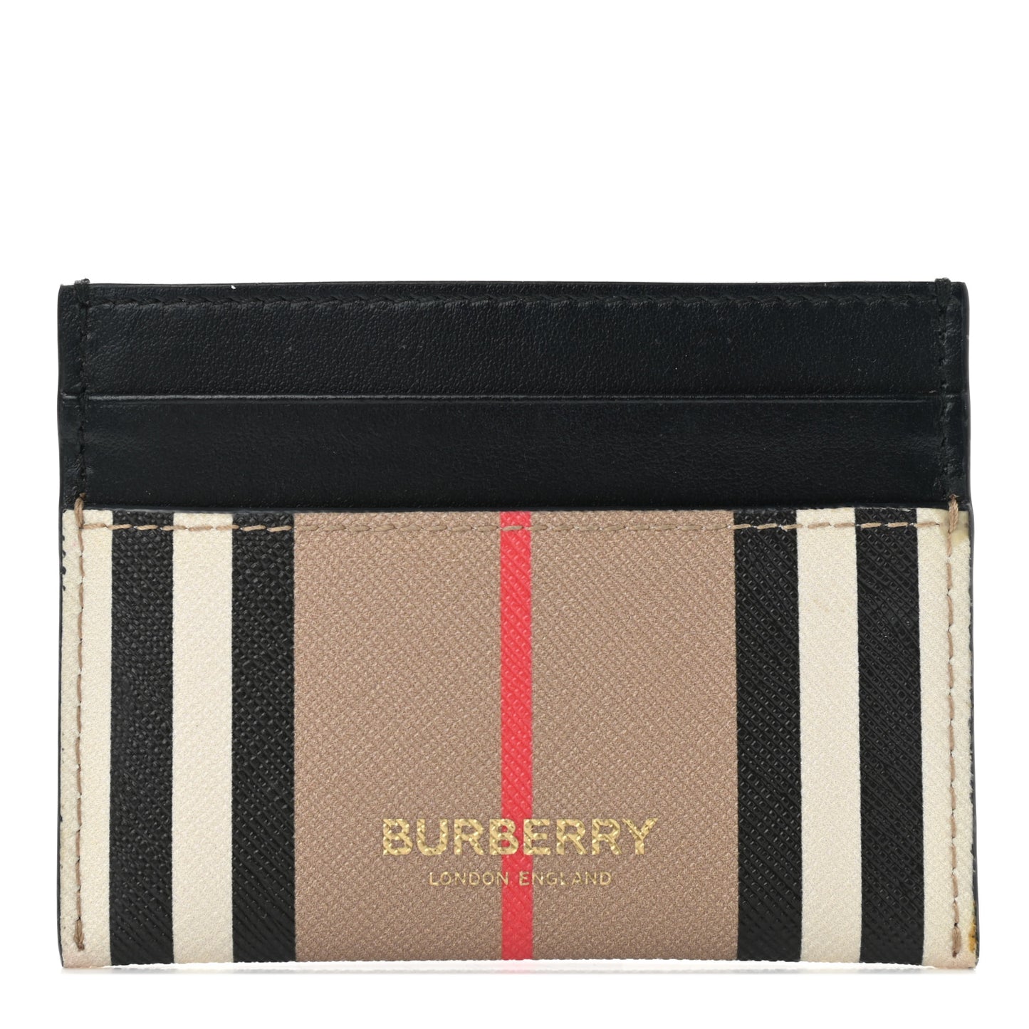 E-Canvas Calfskin Icon Stripe Card Case Archive Beige