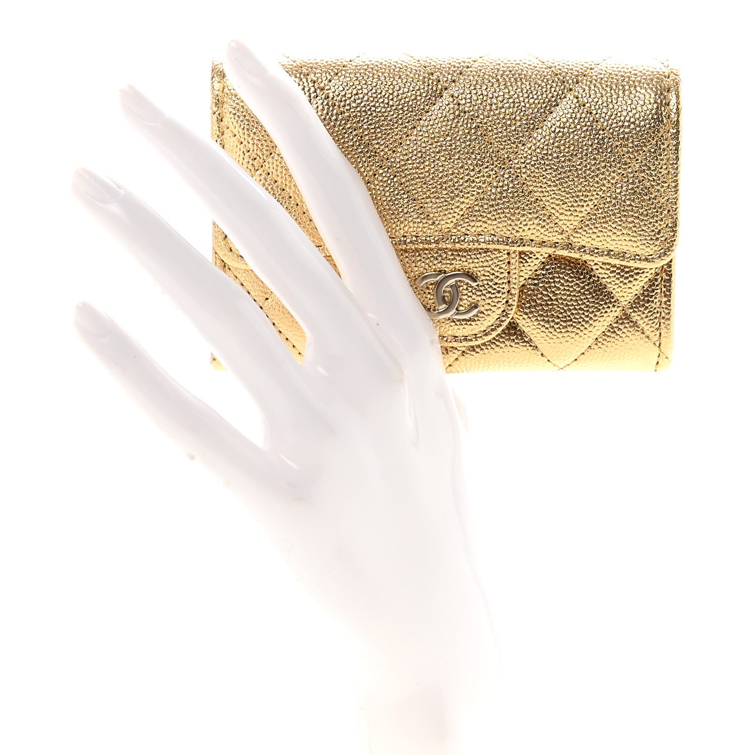 Chanel Metallic Caviar Quilted Flap Card Holder Wallet Gold 2 of 9