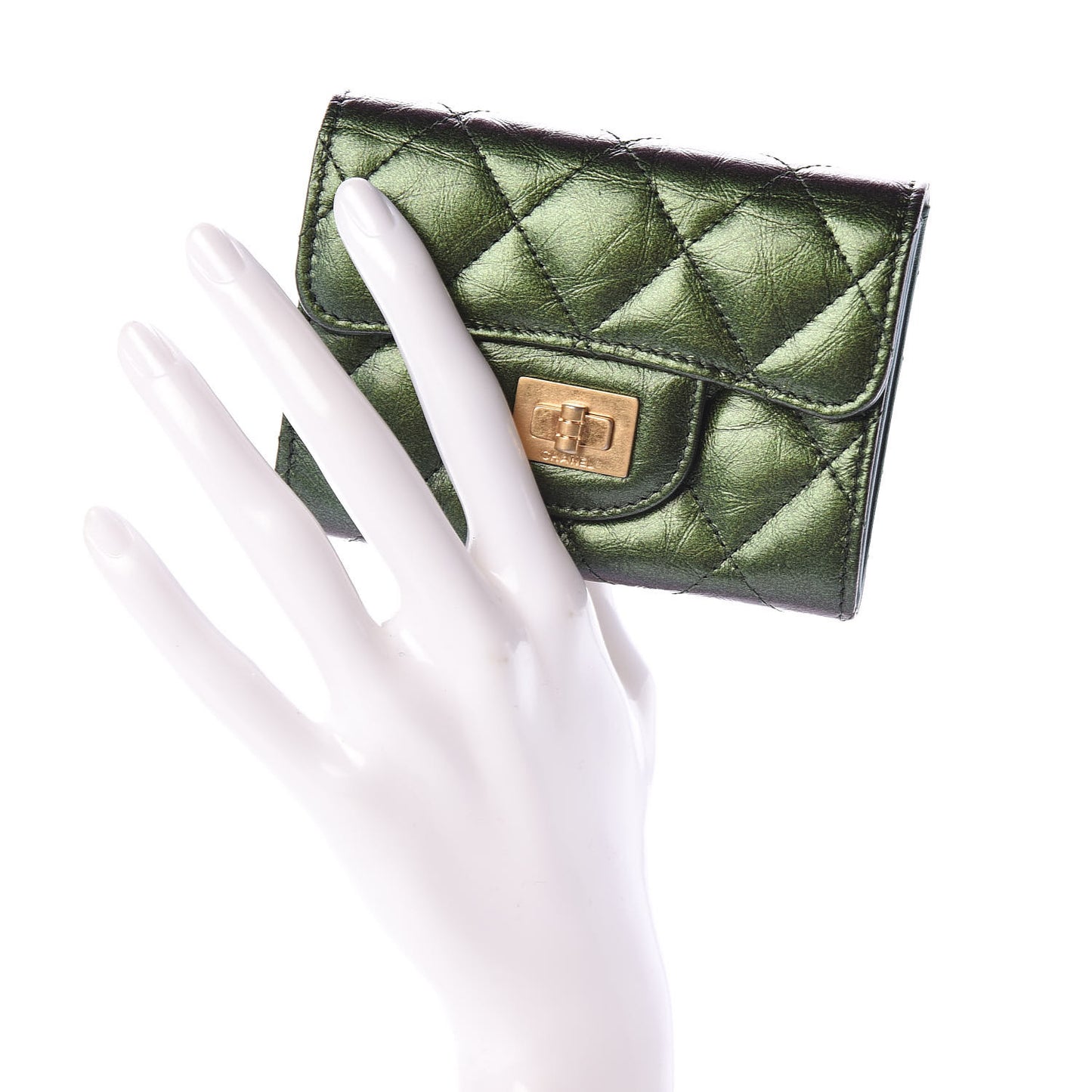 Glittered Aged Calfskin Quilted Reissue Flap Card Holder Wallet Holder Green