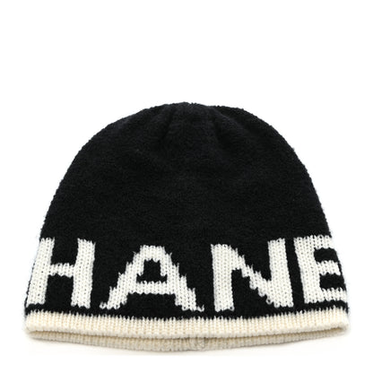 Chanel Cashmere Wool Silk Blend Logo Beanie Hat Black White 1 of 4