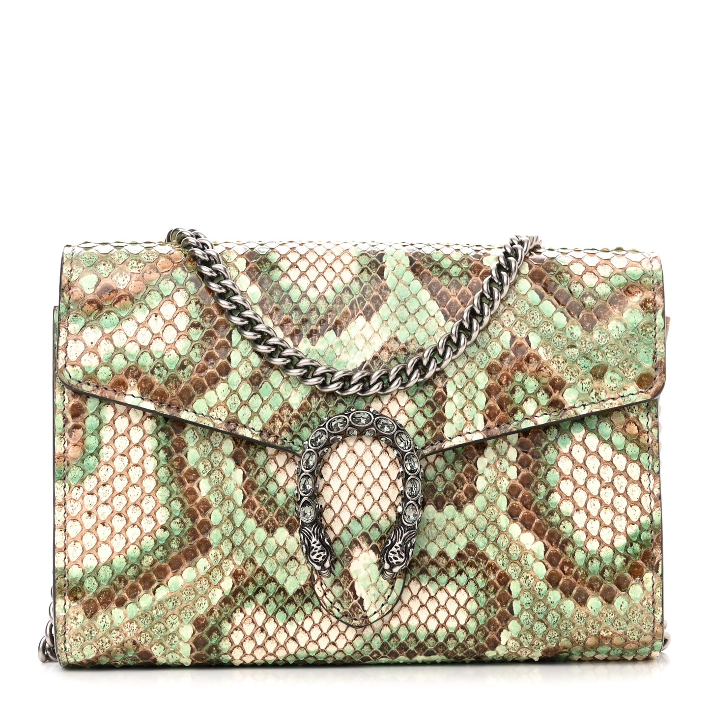 Snakeskin Crystal Mini Dionysus Chain Wallet Mint Beige