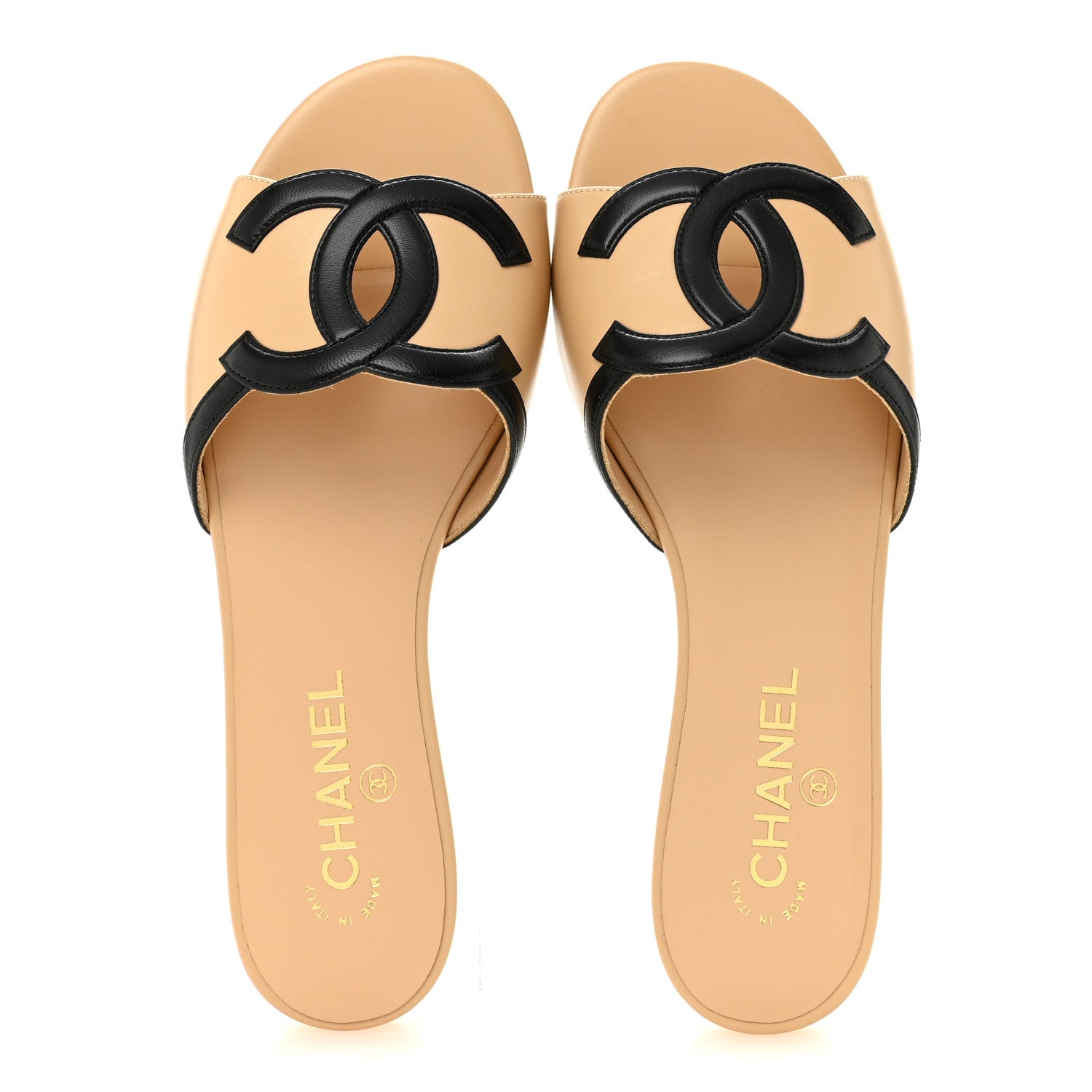 Chanel Lambskin CC Cutout Sandal Mules 39 Beige Black 2 of 10