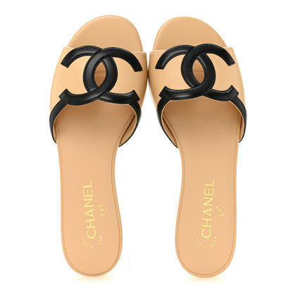 Chanel Lambskin CC Cutout Sandal Mules 39 Beige Black 2 of 10