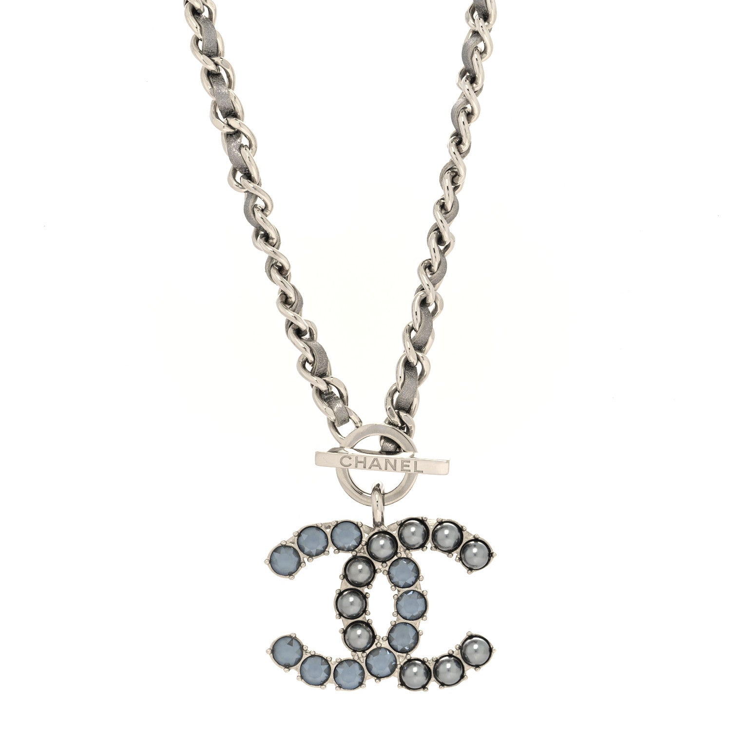 Chanel Crystal Pearl Short CC Necklace Silver Ruthenium 1 of 5