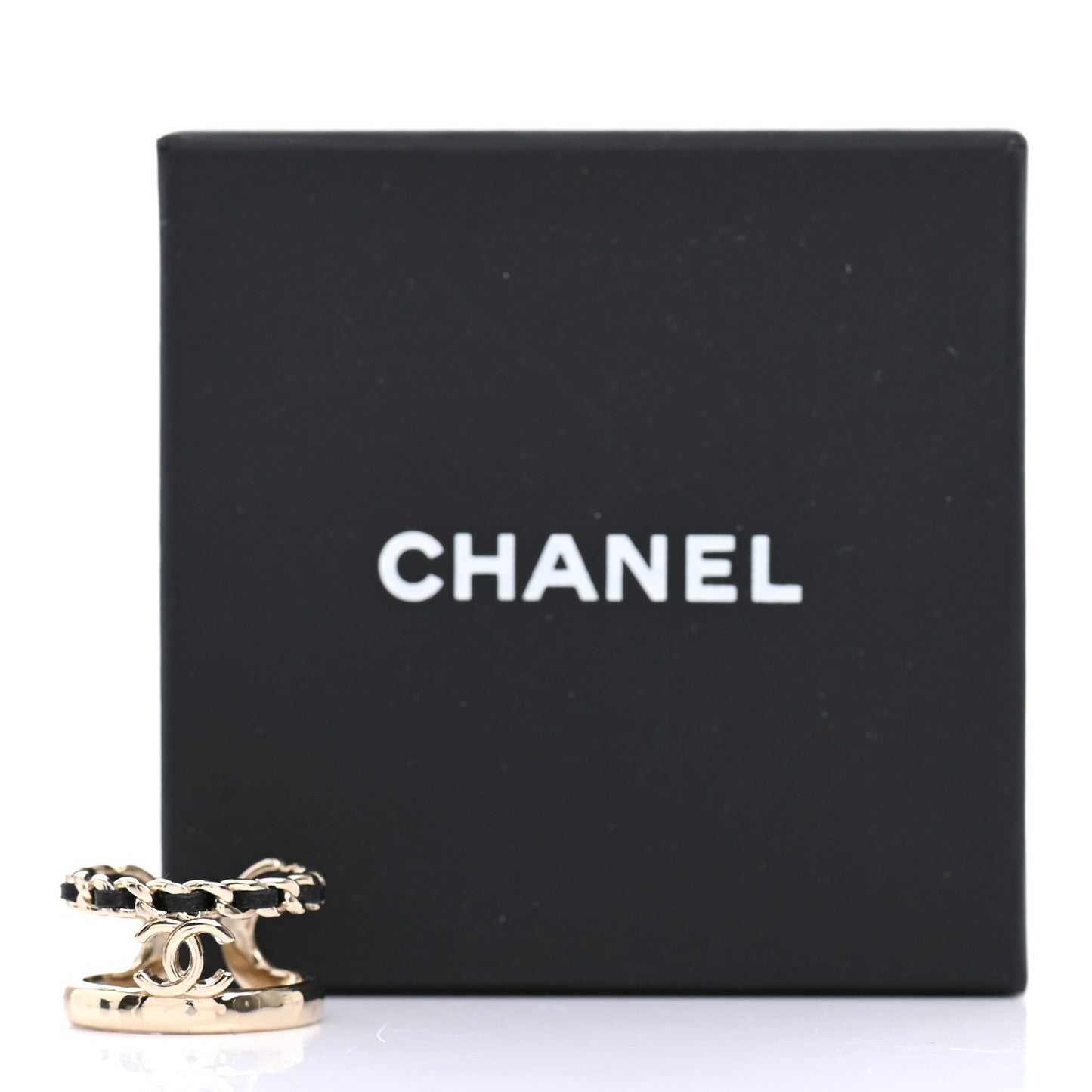 Metal Lambskin Chain CC Ring 7.25 Gold Black