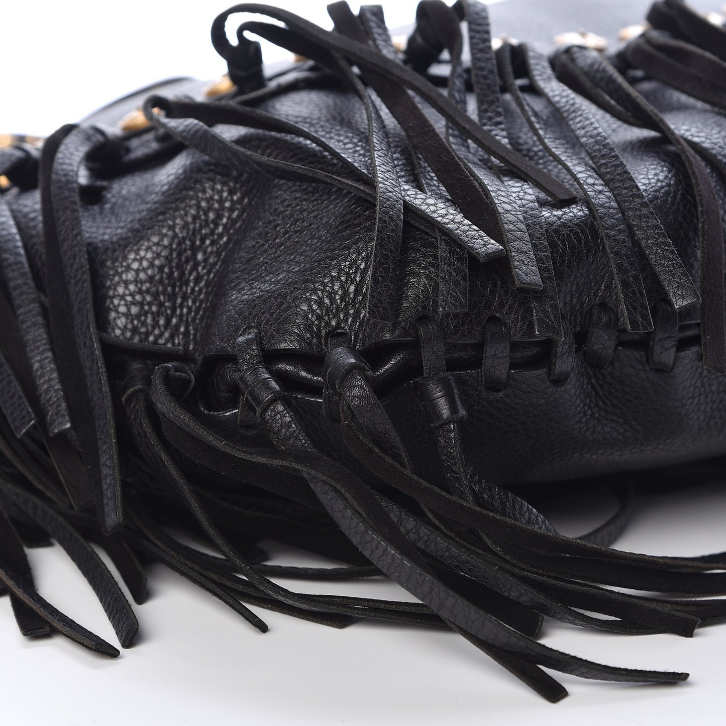 Grained Calfskin C-Rockee Fringe Hobo Black
