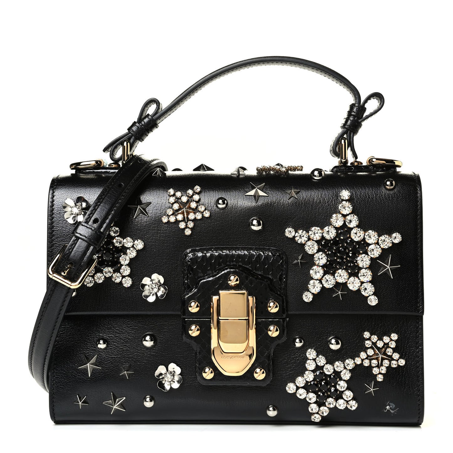 Calfskin Embellished Lucia Top Handle Bag Black