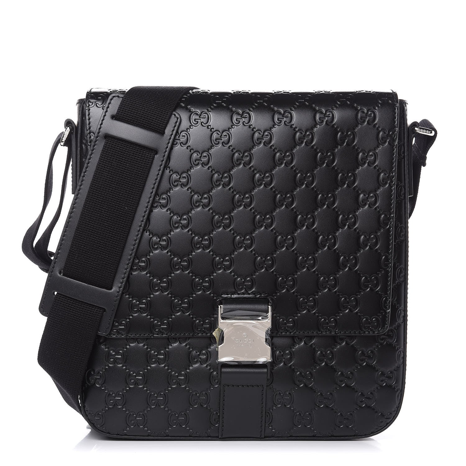 Gucci Guccissima Signature Single Buckle Flap Messenger Bag Black 1 of 10