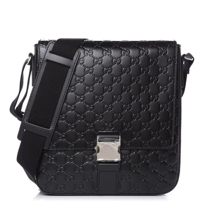 Gucci Guccissima Signature Single Buckle Flap Messenger Bag Black 1 of 10