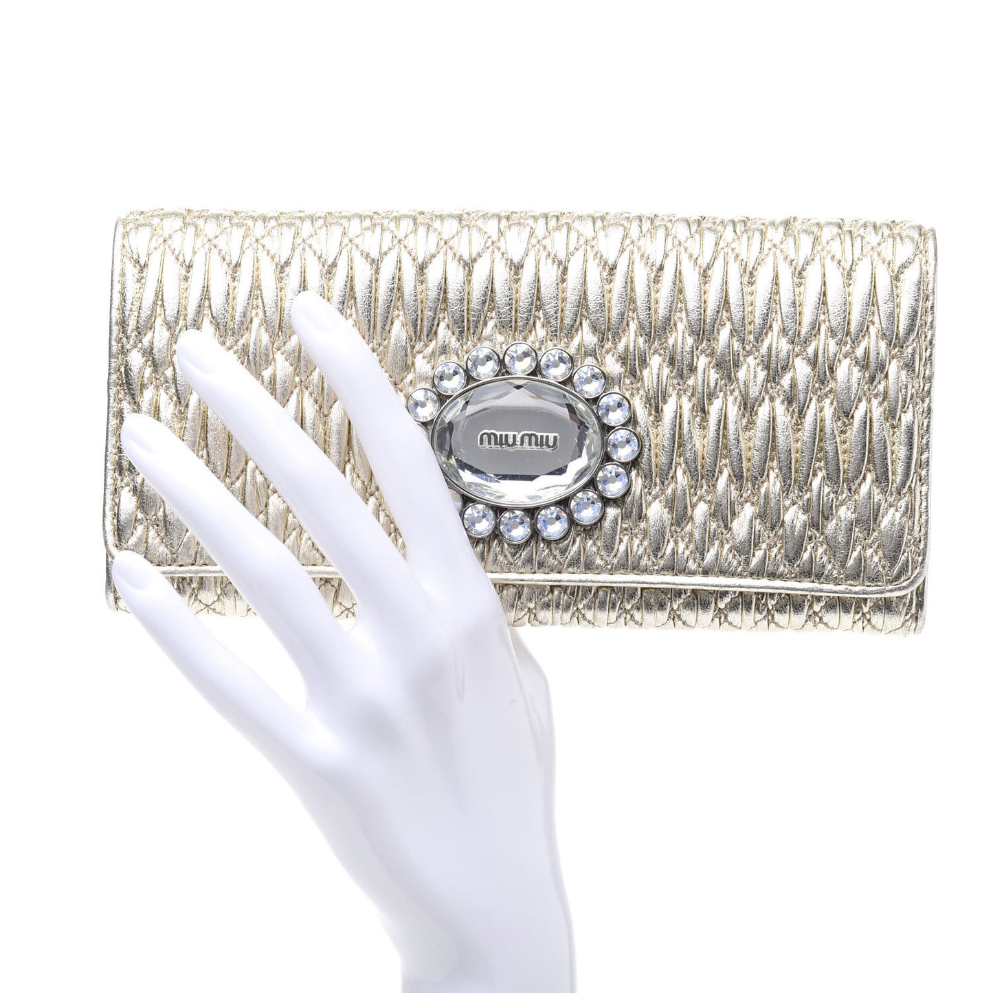 Metallic Nappa Matelasse Crystal Clutch Pyrite
