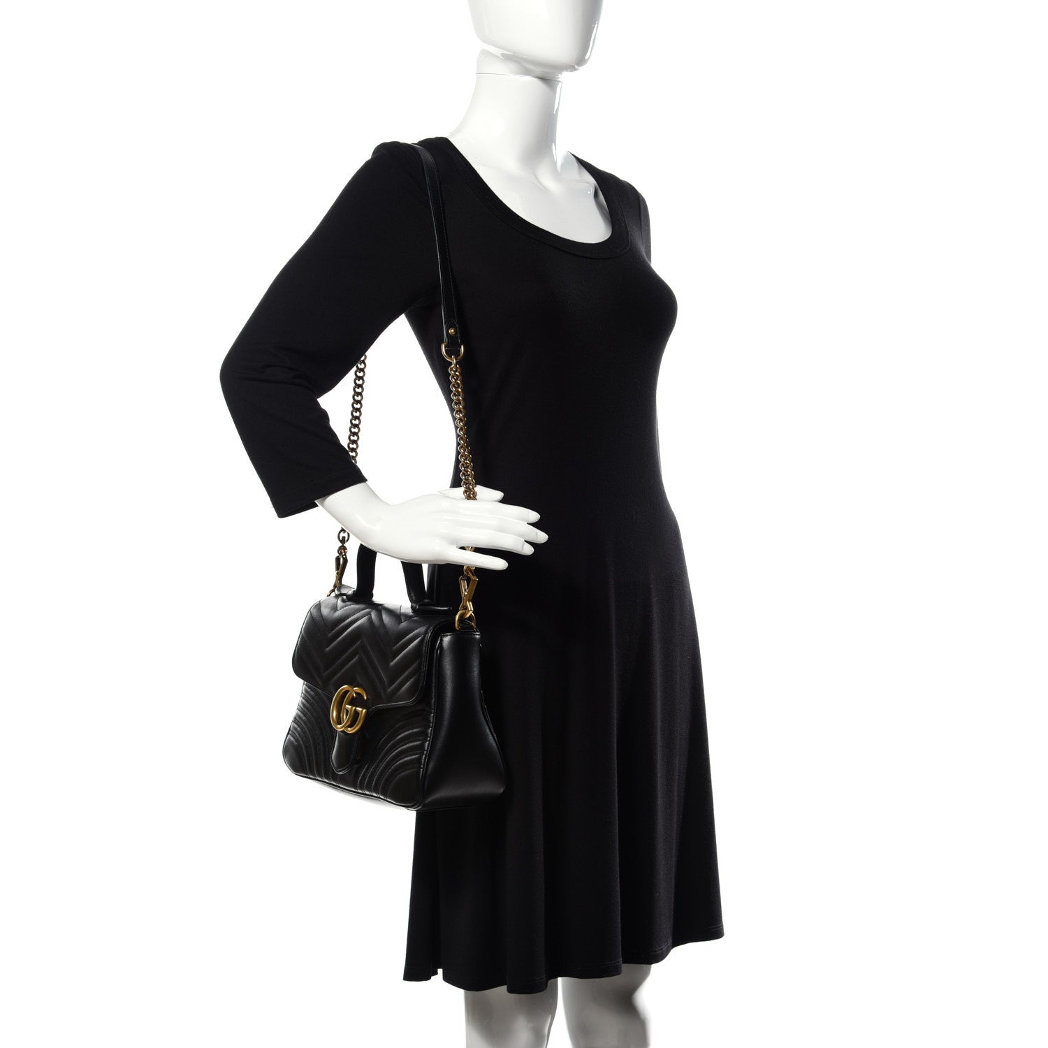 Gucci Calfskin Matelasse Small GG Marmont Top Handle Shoulder Bag Black 2 of 9
