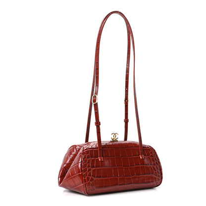 Chanel Calfskin Crocodile Embossed Pretty CC Clutch With Strap Burgundy 3 of 11