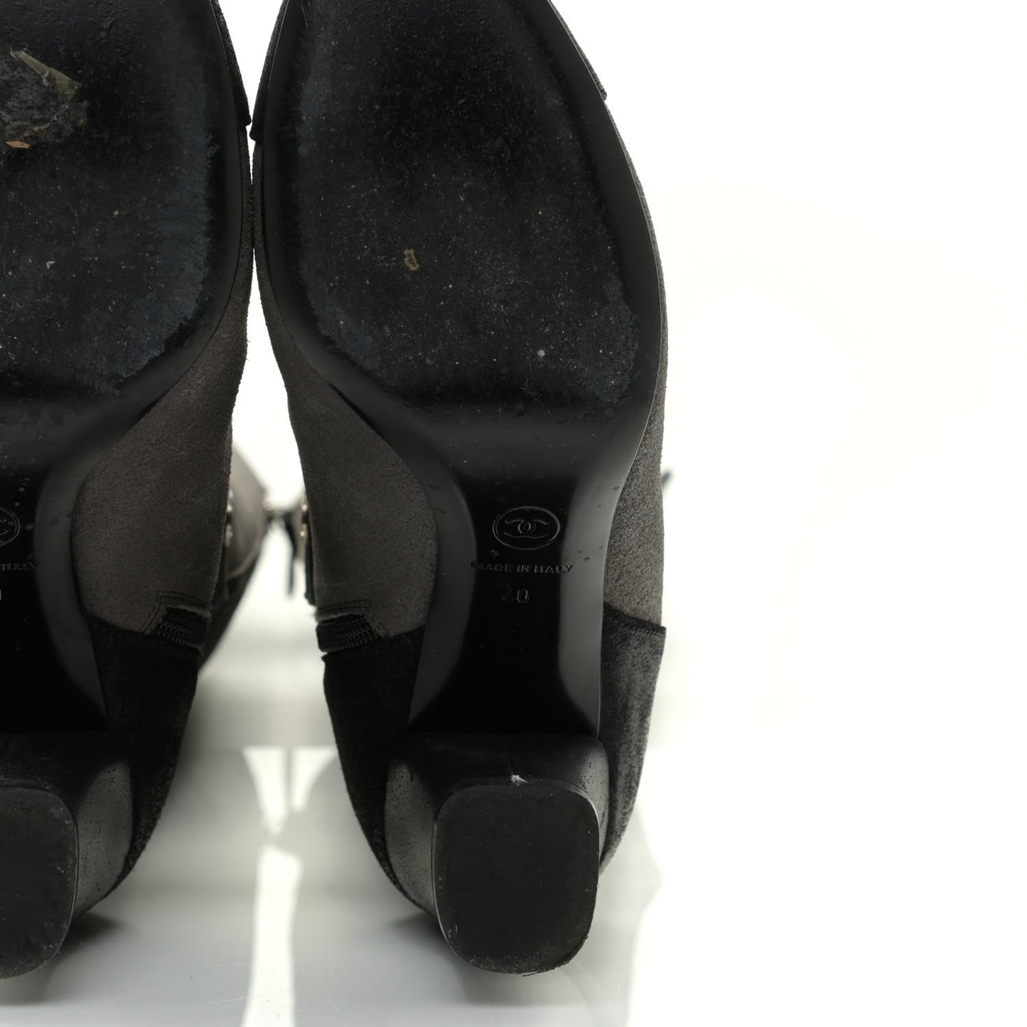 Suede Calfskin CC Cap Toe Knee High Boots 40 Black Grey