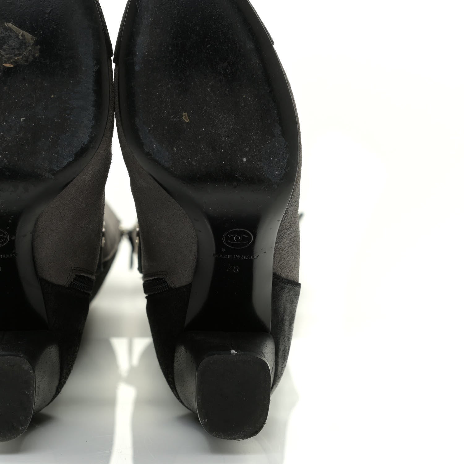 Chanel Suede Calfskin CC Cap Toe Knee High Boots 40 Black Grey 10 of 13