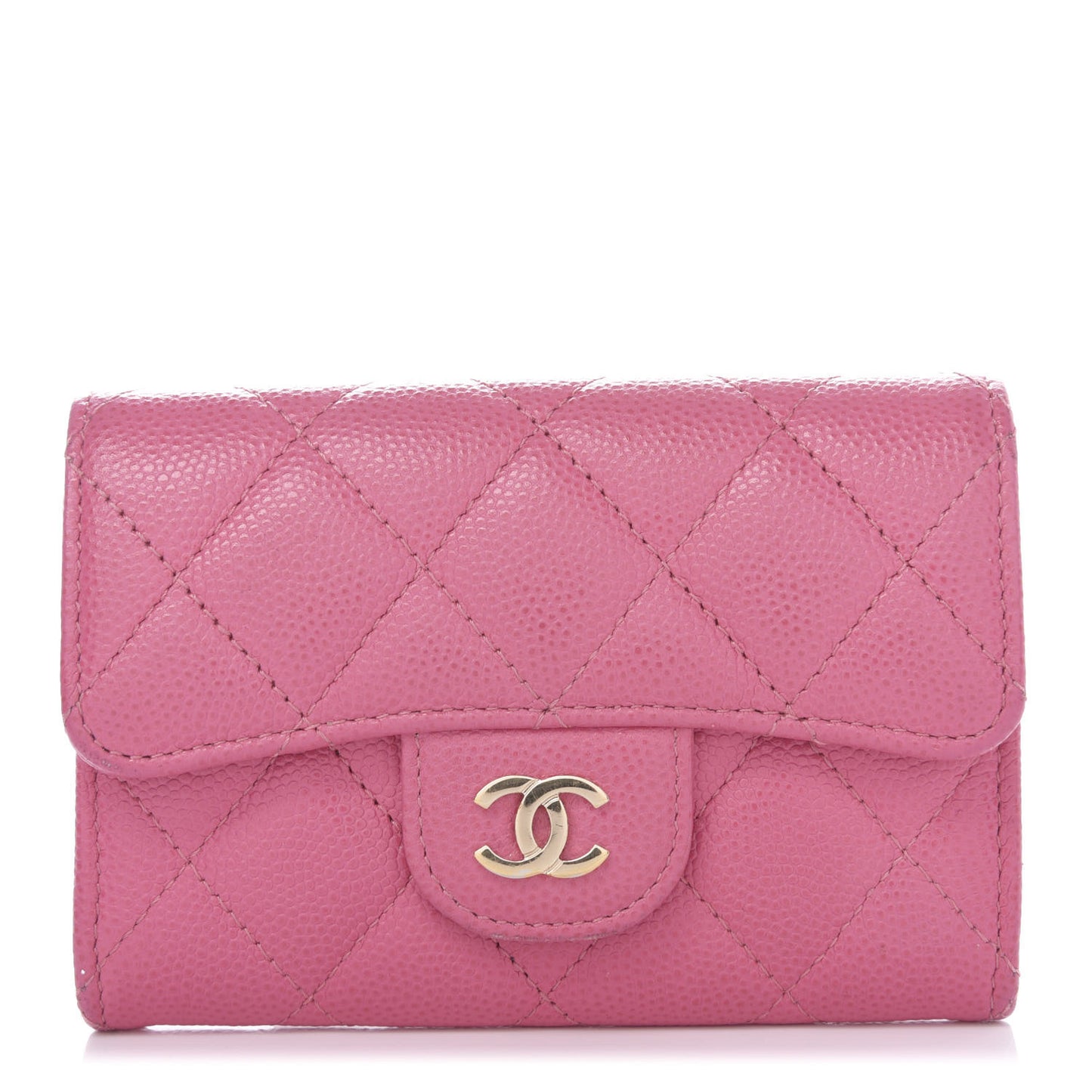 Caviar Quilted Flap Card Holder Wallet Pink