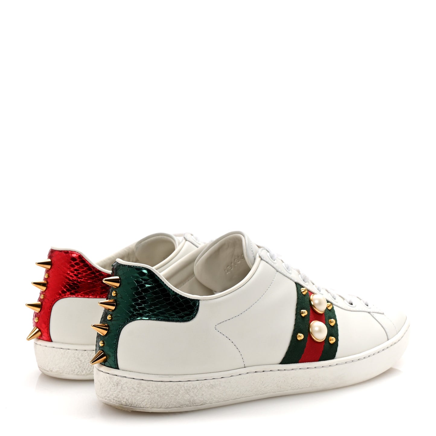 Calfskin Web Pearl Studded Womens Ace Sneakers 38.5 White