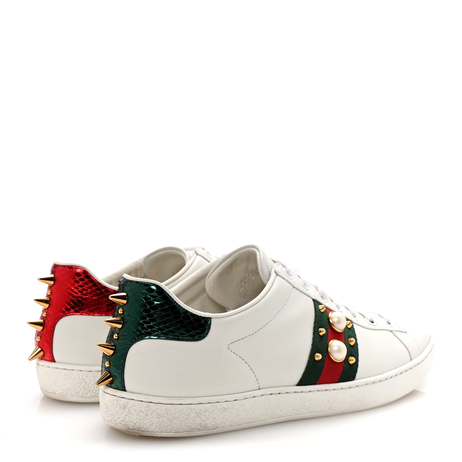 Gucci Calfskin Web Pearl Studded Womens Ace Sneakers 38.5 White 5 of 10