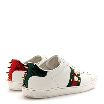 Gucci Calfskin Web Pearl Studded Womens Ace Sneakers 38.5 White 5 of 10