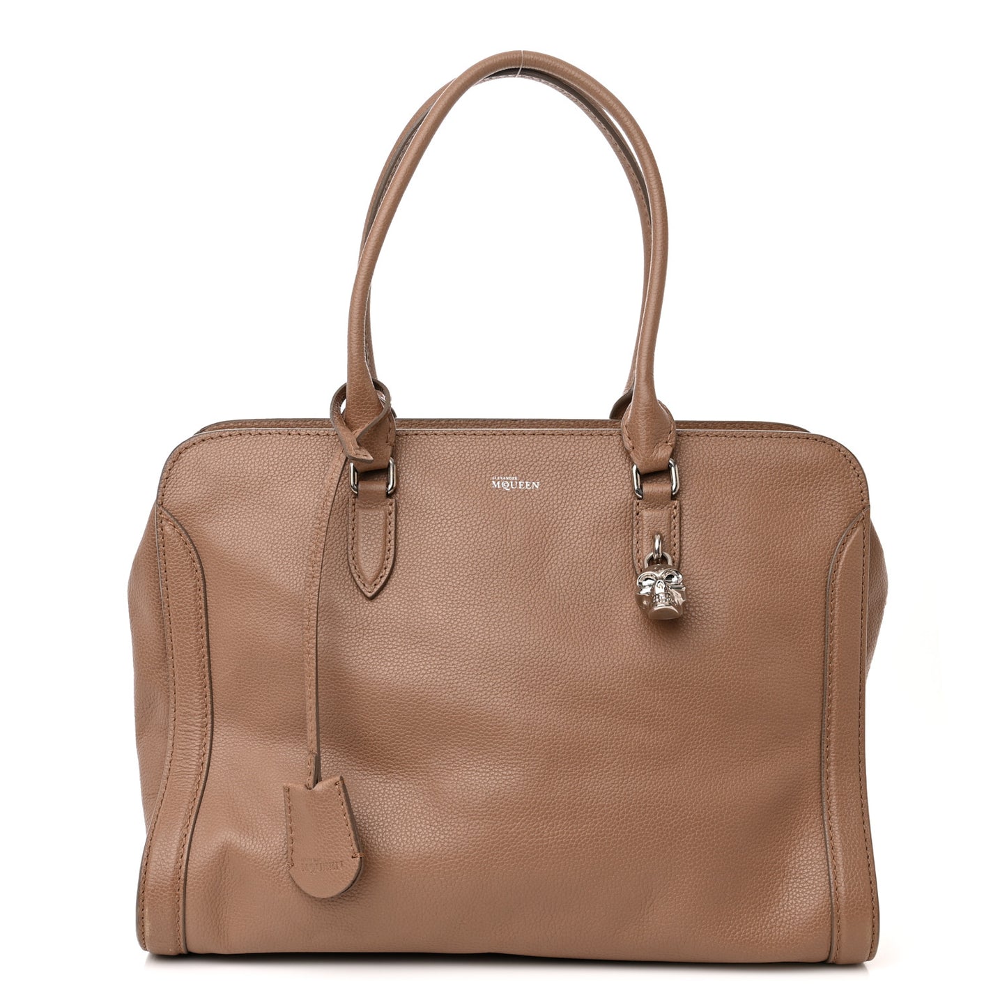 Pebbled Calfskin Large Skull Padlock Zip Around Tote Taupe