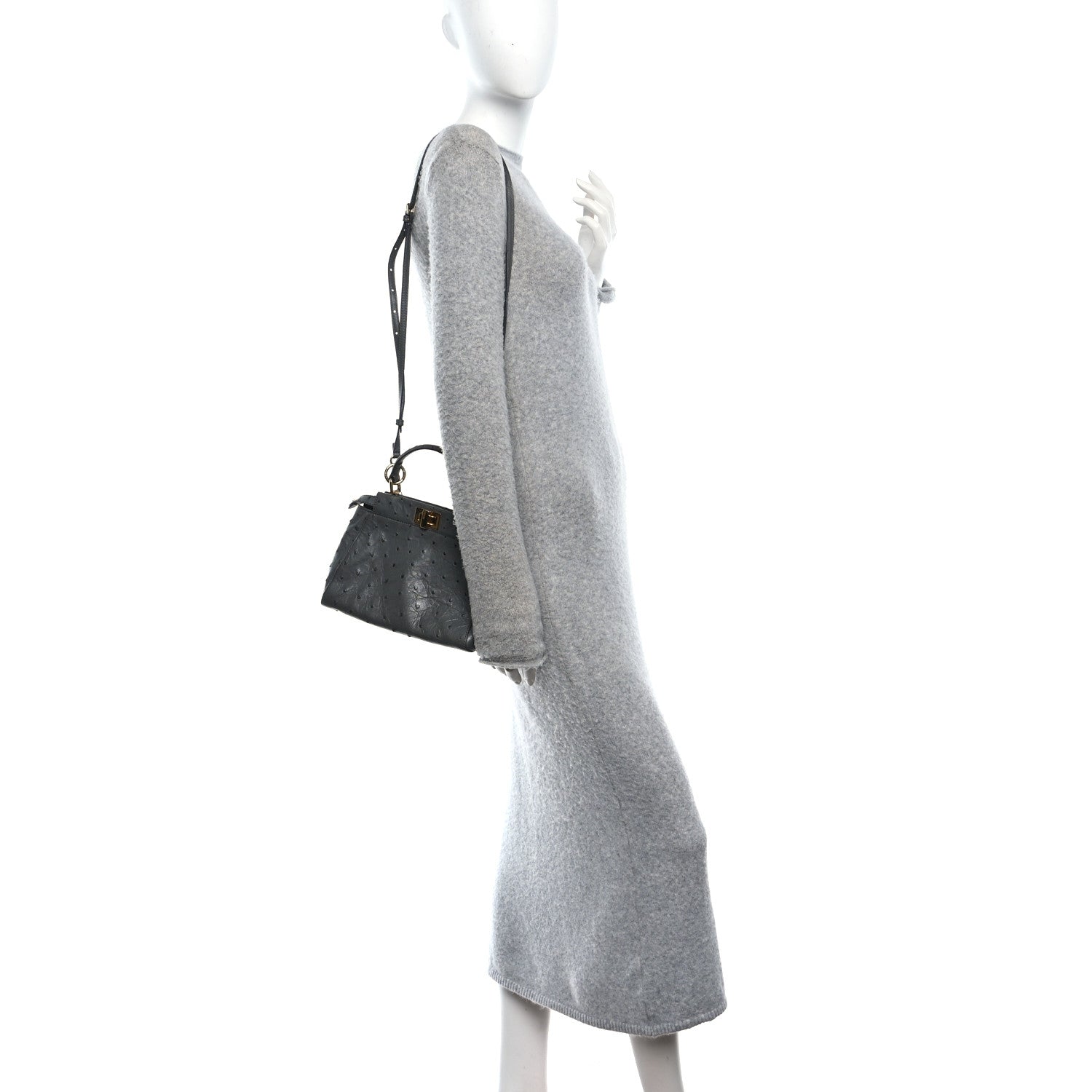 Fendi Ostrich Shiny Nappa Mini Peekaboo Iconic Satchel Grey 2 of 9
